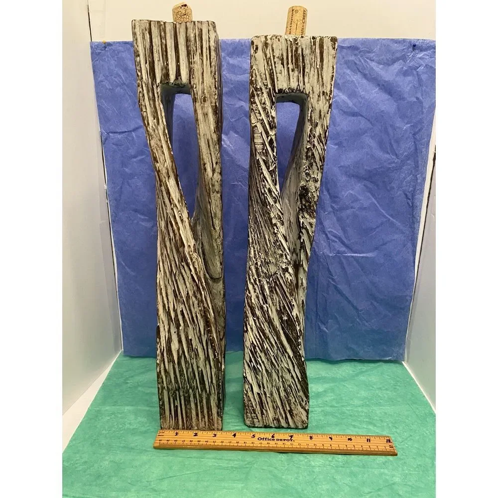 Handcrafted Hand carved wood twisted candleholders‎ Whitewashed Vintage 20